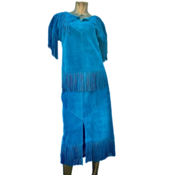Vintage Pioneer Wear Teal Suede Fringe Skirt Set Cowhide Western Made in USA 8